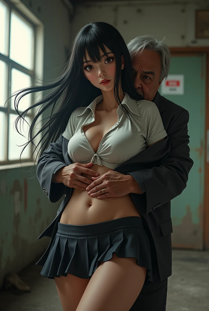 crowded train, girl as yukino yukinoshita, fat bald man hugging her from the front talking with mouth and lifting her legs, black y lingerie,, pubic hair visible, 40k, photo, masterpiece, best quality, dark grey background, (with one girl's immediately open legs with very small bren elderly man leans on her from the front and picks her up and does different poses, Blushing, troubled eyebrows, rough breath, clenched teeth, burning face, heart pupils, sweaty, full body wet, black hair, long hair, knee bending, reluctance, watery eyes, (small breasts:1.ked, small, slender, white shirt, tie, pants visible through short pleated skirt, slouch, slender, short pleated skirt, slouching, hands on chest, crotch open, lewd, kissing, hug, tongue sucking, legs tangledund hips, cowboy shot, touching very small breasts, hands on the croeastapart, (ahegao, rolling ey)