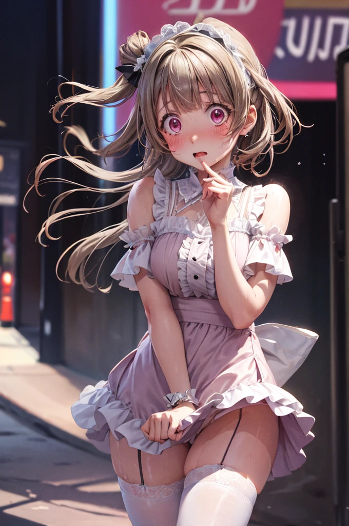 Bright photo、Strong winds、Her skirt is flipped up、Underwear is exposed、Close-up looking up from below、Minami Kotori, from Love Live,The pants are exposed、oil skin, swearting, pantyhose, oil skin, sweating, blush, pantyhose, wet, thighs glistening with liquid allure,Stylish girl, wearing a frilly and lacy dress, heavy on ruffles and lace, "kawaii" fashion with punk accents, multiple layers, pastel shades, detailed accessories, joyful demeanor, vibrant and artistic background. 