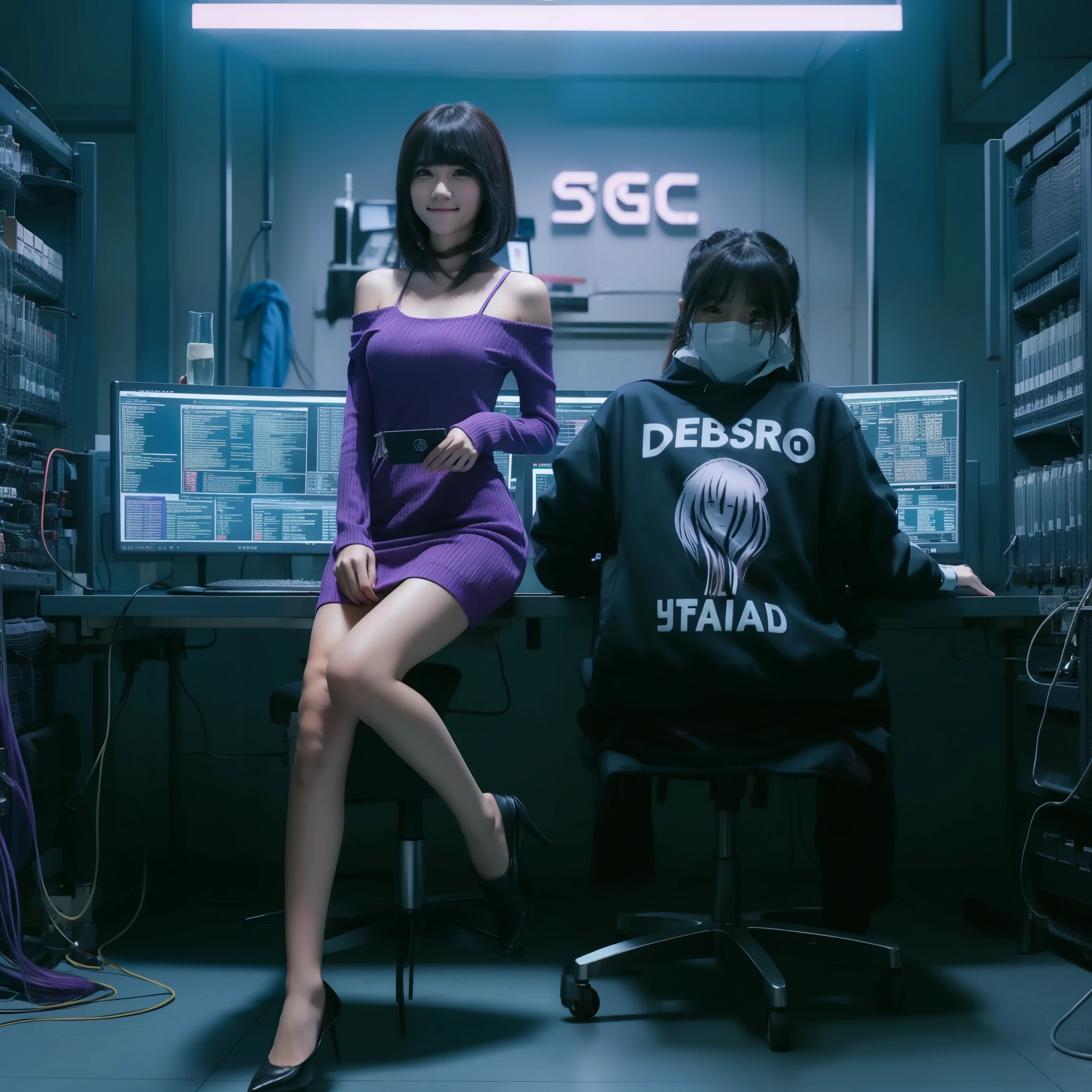 Woman slightly smile, wearing acket with purple shift dress, long bangs hair, stylish, at the lab computer