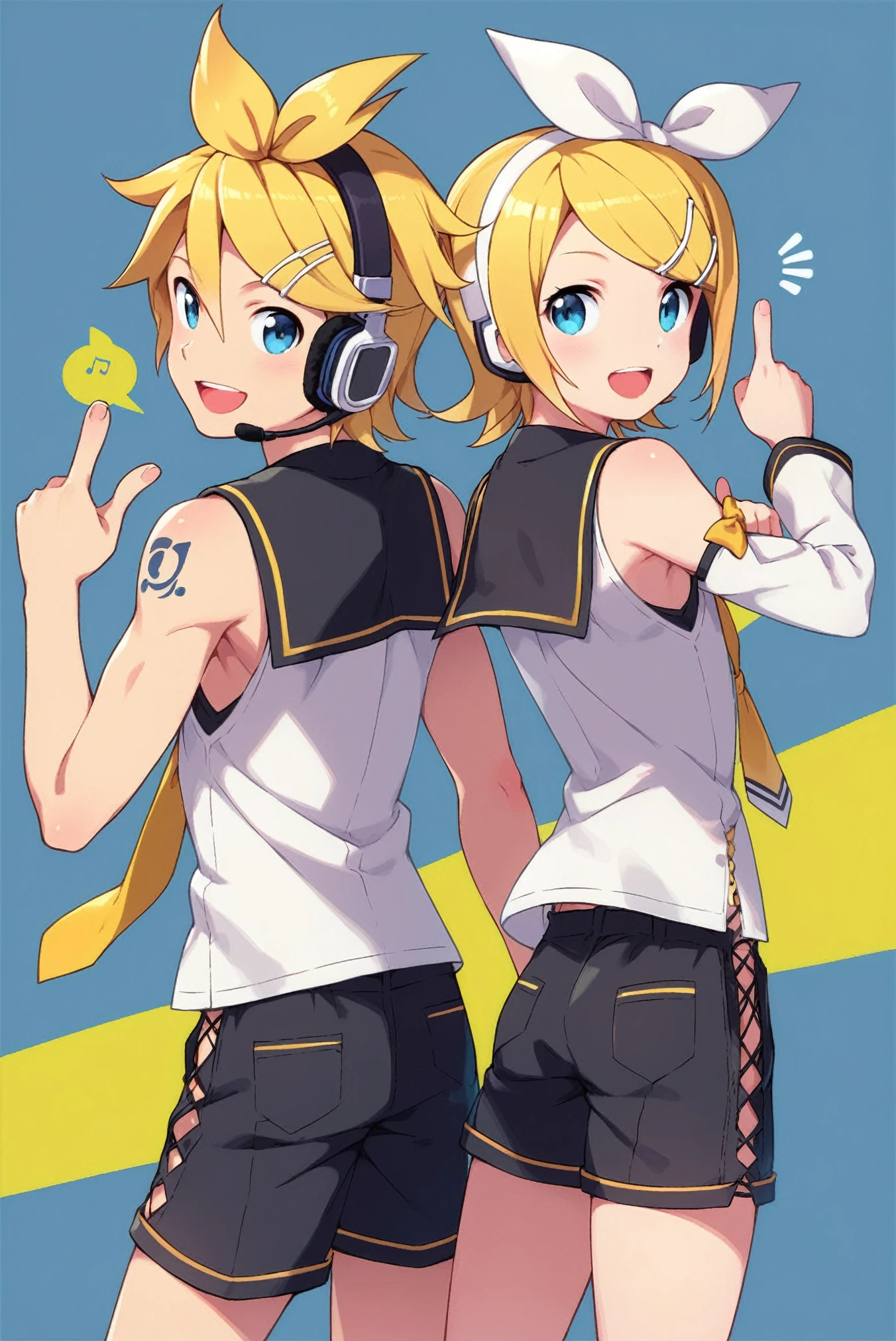 kagamine rin,1girl,kagamine len,1boy,blonde hair,smile,siblings,hair ornament,headset,twins,blue eyes,brother and sister,hairclip,open mouth,short hair,detached sleeves,headphones,thumbs up,sailor collar,necktie,shorts,looking at viewer,ribbon,tattoo,hair bow,yellow necktie,hair ribbon,bow,back-to-back,score_9,score_8_up,