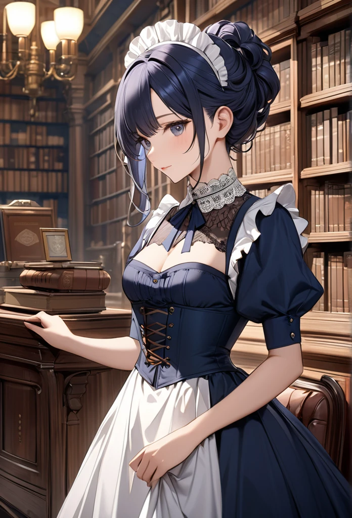 (1girl, yuri alpha:1.0), (anime overlord), (solo:1.4), (Maid_Dress), (64k, UHD, Raw photo, highes, Best Quality, mastepiece:2.0), (Ultra-fine depiction of details:3.0), (a serious, loyal, hard-working maid head, the vice-captain of the "Pleiades Six Stars", the battle maid squad of the Great Tomb of Nazarick), (a beautiful woman with an intelligent look), black hair, (elegant, vivid blue bowtie, ribbon:1.3), (green wristband), (She is equipped with highly elaborately designed, dark emerald green spiky gauntlets:1.5), (perfect face, perfect body, perfect figure, pink lips, slight blush), (cool, intellectual glasses), (slightly glowing blue eyes:1.3), (shiny sleek long hair, single hair bun, single braid bun, double bun), (silky, high-quality, majestic, gothic, ((low-key)), simple, maid dress:1.0), (vivid blue gothic style choker:1.3), (pure white maid apron:1.2), (gigantic breasts, almost brimming out of maid dress:1.2), (sexy cleavage:1.1), inhouse, studying the orders issued by the master of [the Great Tomb of Nazarick, Ainz Ooal Gown], the room is filled with solemn atmosphere, (long shot, full body shot), (perfect lighting,)