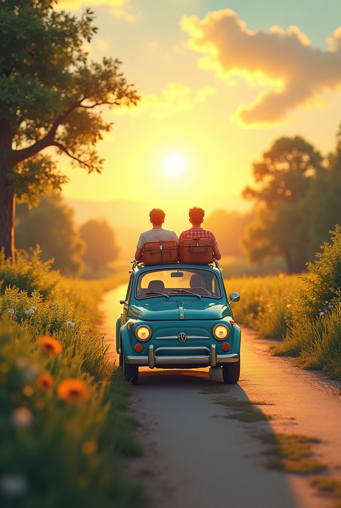 They're sitting on the grass next to a car with a guitar, in the sunset, Tiro na Hora de Ouro, nostalgic 8k, por mads mountain, in the sunset, foto de retrato, advertising photo, summer scenery, Inspirado em Mads Berg, vehicle photography, advertising photography, with sunset, Viagem, photo rendering, album, tirada na hora dourada