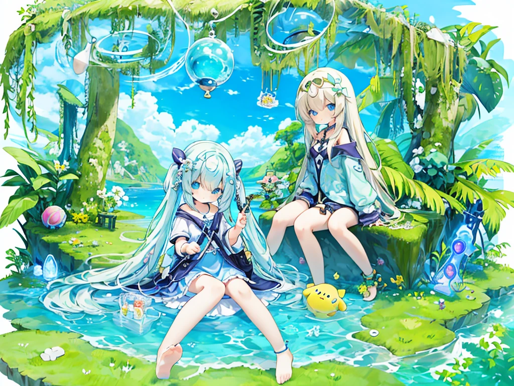 an area of a small lake in a forest area with a few rocks here and there, tree, scenery, waterfallanime women's body pictures 2 anime girls standing together anime girls,sit under the waterfall , meditation position,off shoulder, looking at viewer, blue eyes, smile, jewelry, sleeveless, earrings, upper body, white wet blouse,1 girl long light blue hair, second girl medium pony tail orange hair