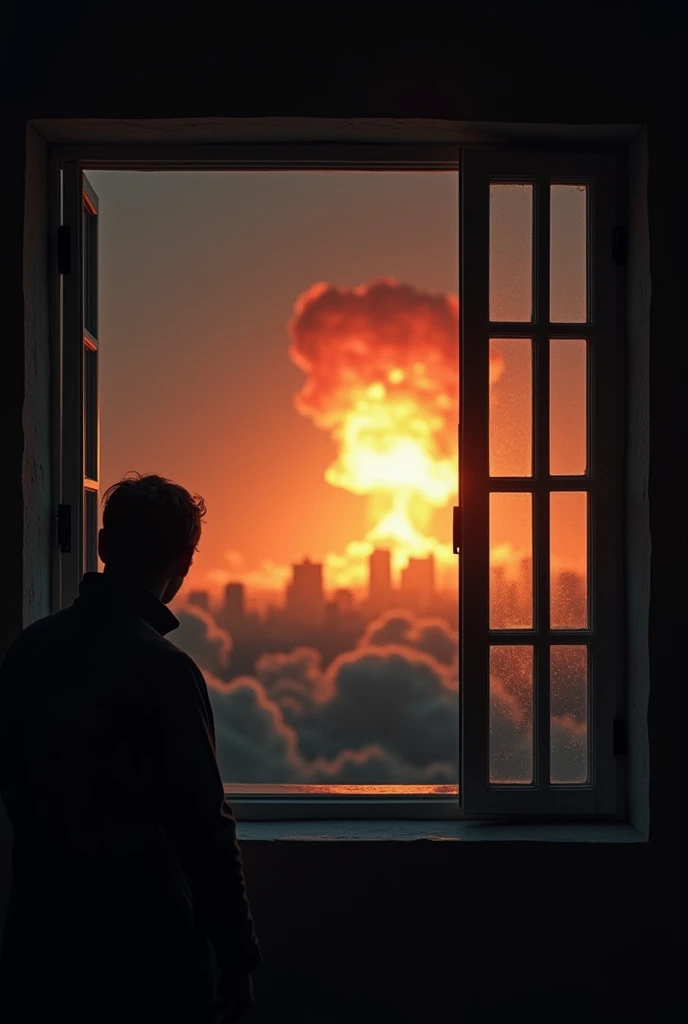 Boy sitting at the window and see the destruction of Dhaka city the building are broked and fall down there was firing in the city and the sky is full of smoke and fire
