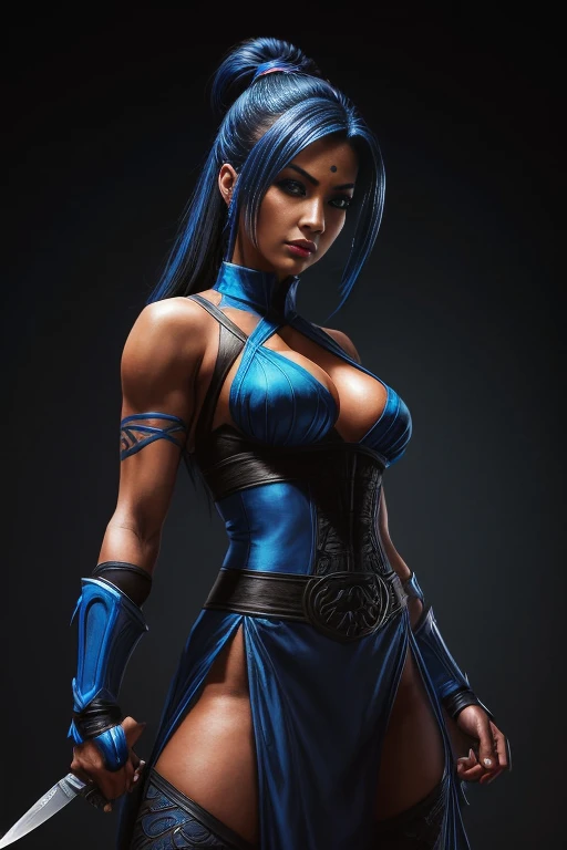 a woman in a blue costume holding a knife and a knife, kitana from mortal kombat, character from mortal kombat, zenescope, extremely detailed artgerm, mk ninja, goth ninja, in mortal kombat, portrait ninja gaiden girl, blue armor, psylocke, badass pose, deviant art, with blue skin, inspired by Masamune Shirow