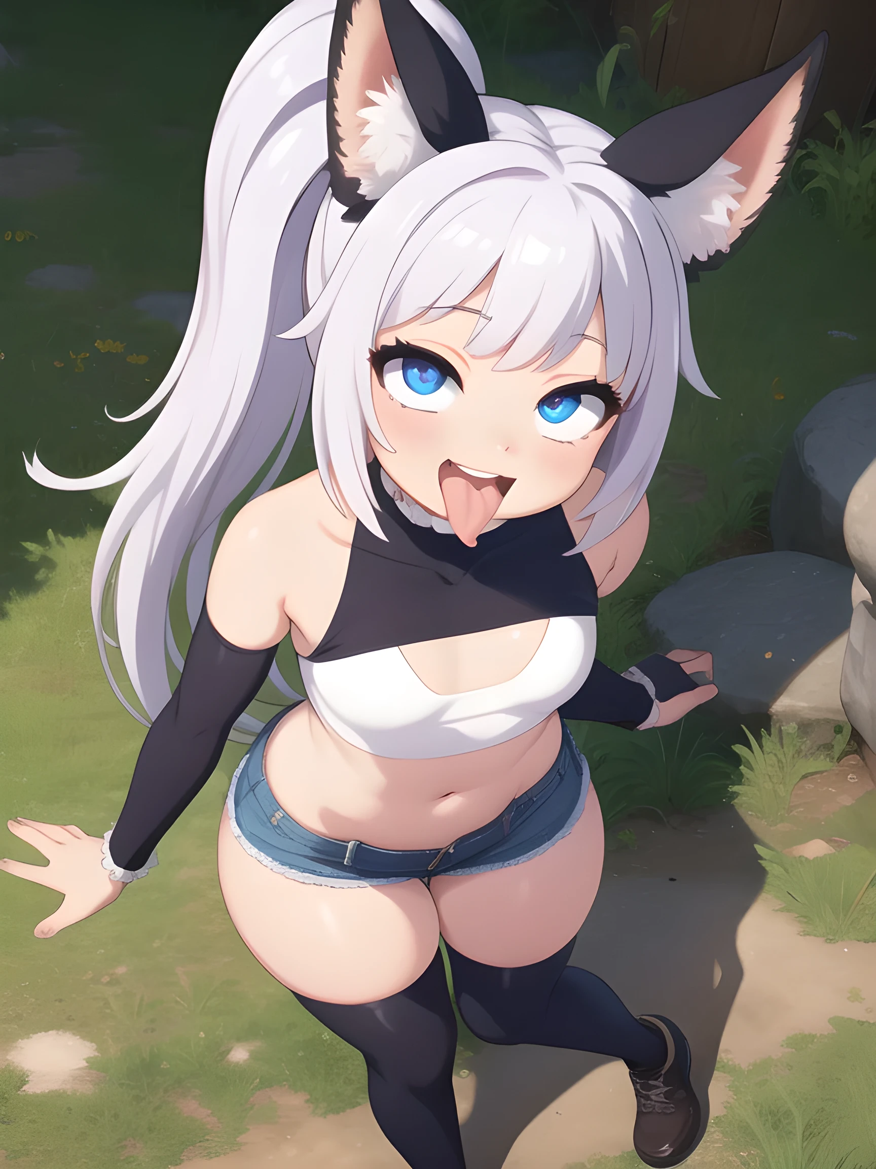 masterpiece, absurdres, best quality, photorealistic, realistic, tera elin, beautiful detailed eyes, ultra detailed, 1girl, wide hips, thick thighs, thigh highs, crazy smile, crop top, short shorts, small breasts, skin indentation, dynamic pose, sexy pose, ponytail, from above, ahegao, tongue out, long tongue, open mouth, 
