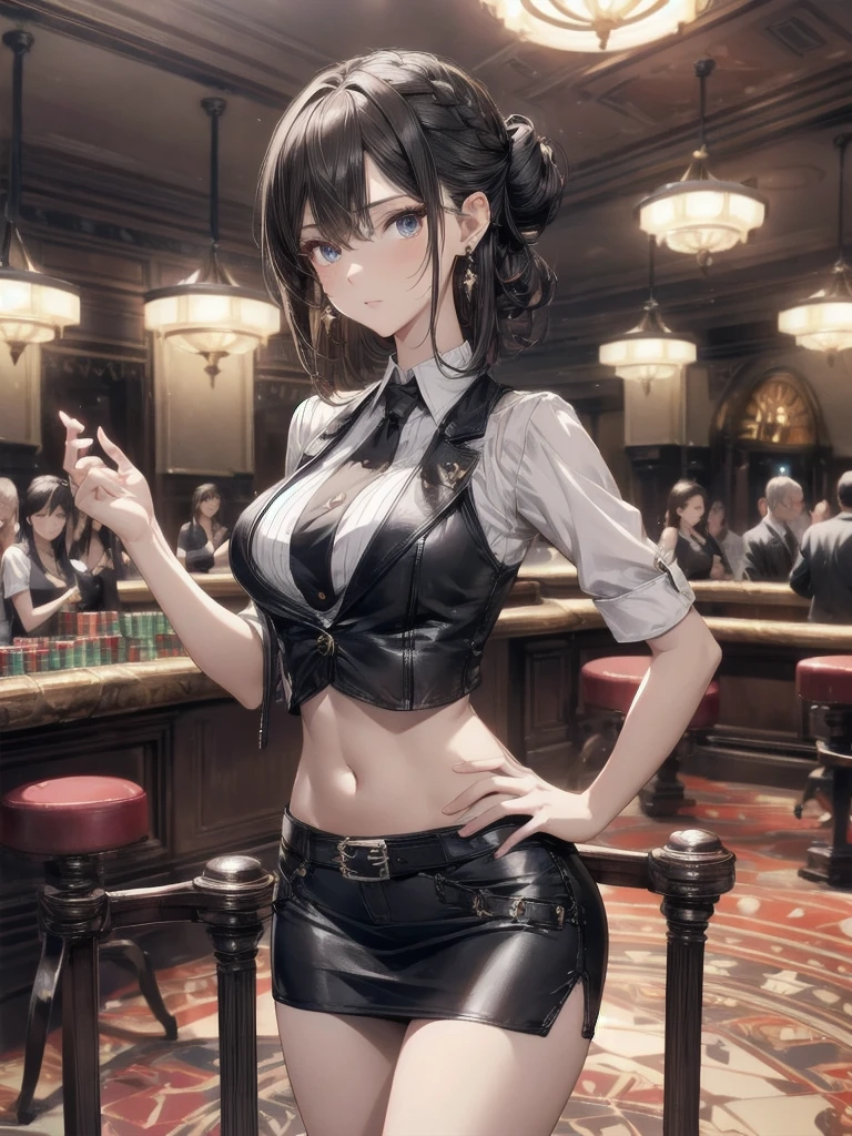 salacious, darkskin blackjack dealer, African-American features,  honey brown eyes, strong sensuous, well-built, Perfect hourglass physique, amazing dark skin, light black eyes, flowing, shining, ( black hair tight braid:1.3), strong heart-shaped face, wide concaved button nose. strong, toned, thicc and alluring with heart hips, big breast, big butt, long toned legs),( blackjack dealer in a high-class casino in a physique accentuating,  (casino theme mid - drift open blouse, suspender miniskirt,red tie and  card theme panties,) some white socks, black heels, tatoo on buttocks,  dealing cards with entice vivacious intention, hypnotically moving hips and ass, looking over her shoulder, flirtatiously smirk,card in mouth

Gambling dynamic shot, screenshot, Nsfw (official art, unity 8k wallpaper, ultra detailed, beautiful and aesthetic
((perfect eyes, beautiful detailed eyes, finely detailed beautiful honey eyes, big highlight on eyes, lustrous skin, dark skin, , shiny skin,very shiny skin,shiny body,plastic glitter skin,exaggerated shiny skin,delicate detailed fingers,detailed body,detailed arms,human hands, detailed hands)

Vampish,cunning,slutty,seductive,erotic,nsfw, 

Action shot  centered, scale to fit dimensions, Rule of thirds,


(best quality), (high resolution), (sharp focus), (ultra detailed), (extremely detailed), (extremely high quality artwork), ((masterpiece, ultra-detailed, highly detailed)), modern style,