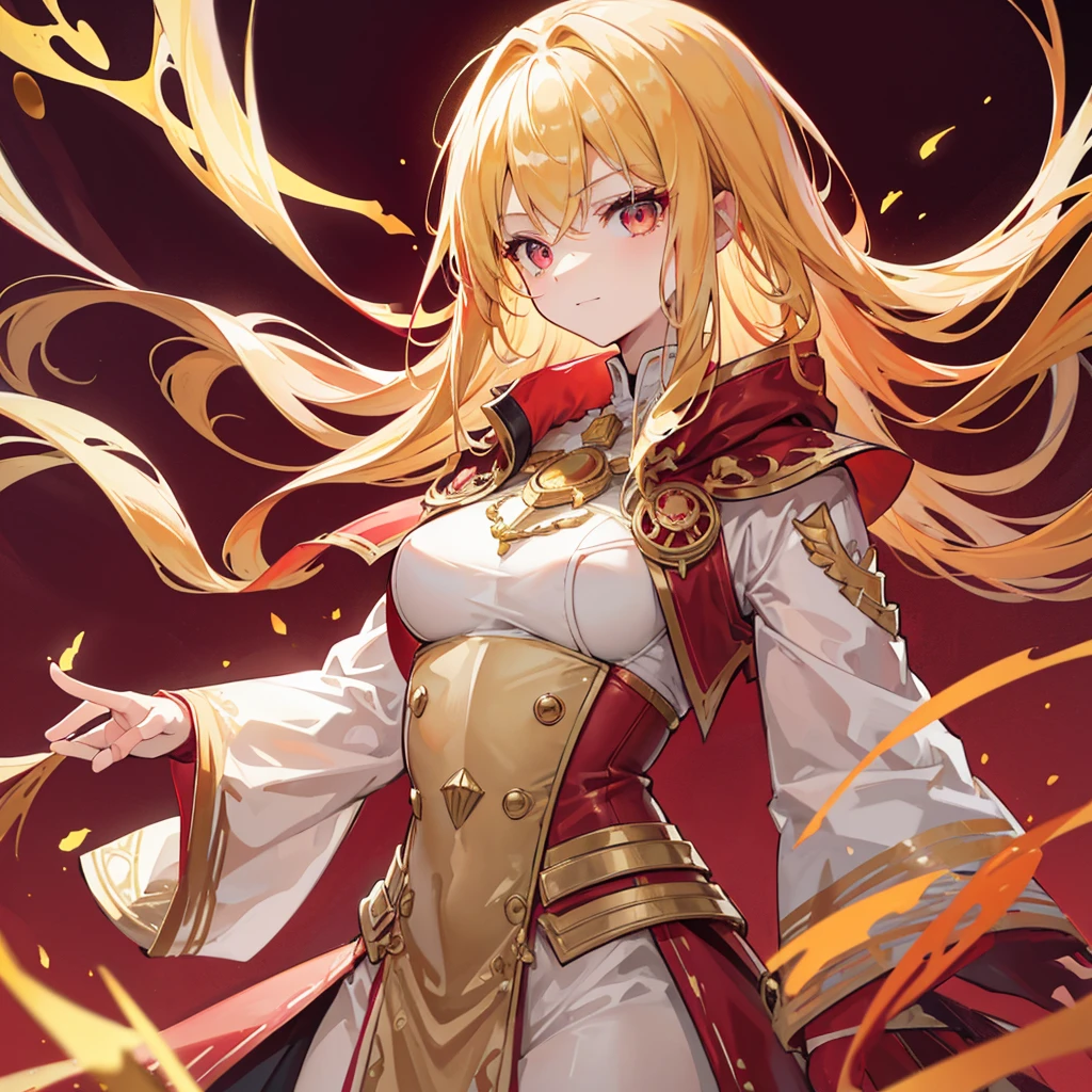 Buff, blonde, young lady, red eyes, on a white suit with golden details, with a cross necklace on the neck, front profile, christian, cultured