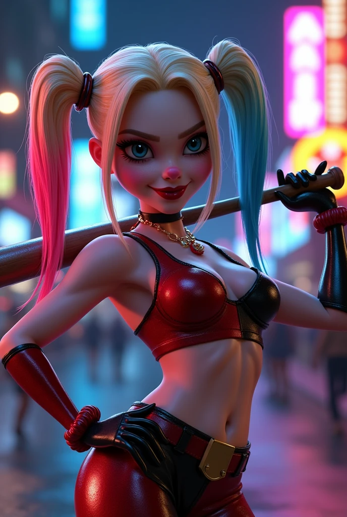 Harley quinn in sexy revealing harley quinn, in a new work street. disney pixar 3d