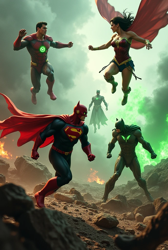Group of helpless people watch in awe as the heroes fight the bad guys.]
