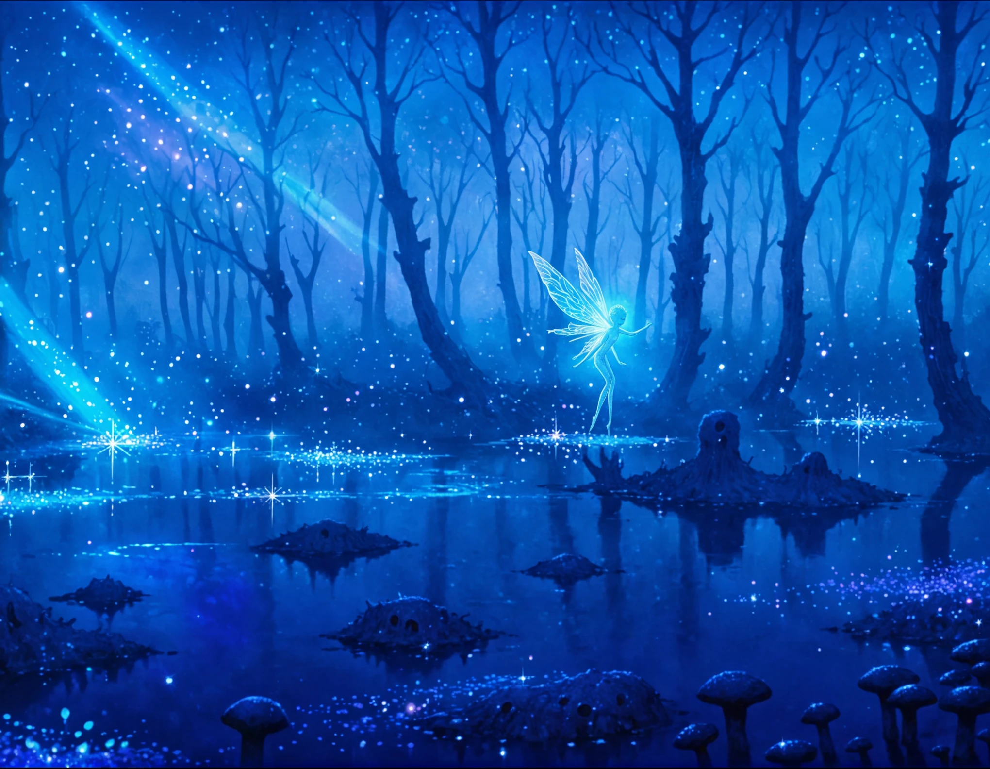 (masterpiece:1.2), (best quality:1.2), very aesthetic, newest, scenery,beksinski,nature, dark forest with small creek and tiny bokeh, volumetric light, iridescent light, glowing,iridescence, shimmering, light particles, light rays, wind, dsmile, sparkling pond, glowing crystals,fairy,cool blue and violet iridescence