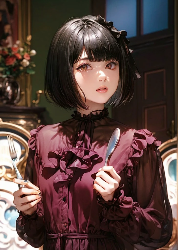 (masterpiece,best quality, looking at viewer),1woman,20 years old,Alone,(Black Hair,short hair,Bobcut,blunt bangs),eye shadow,(Slim Body),Small breasts,Russet frill shirt,Black Ribbon,Holding a spoon and fork,see-through