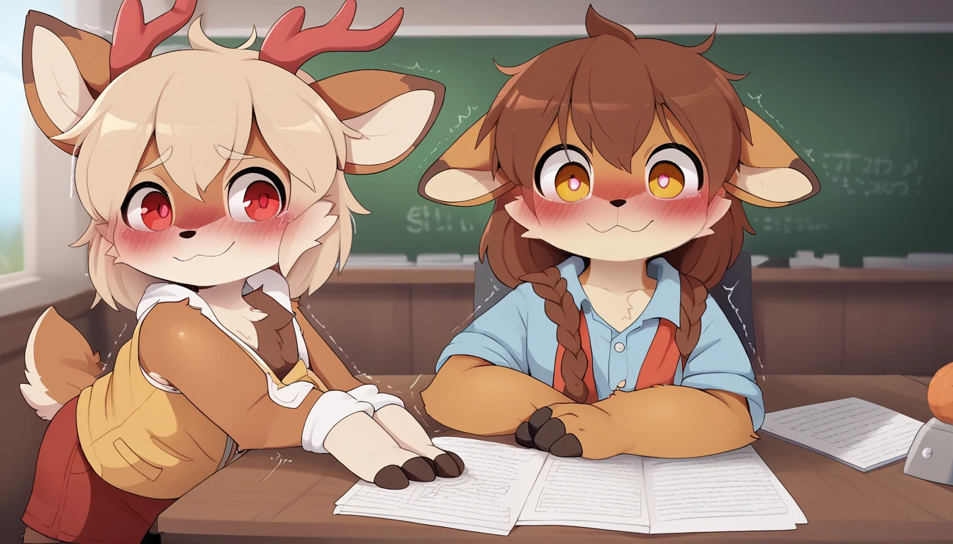 A female deer with brown fur with red colour eyes wear student clothes, with body trembling and Satisfied face with small cock are get fuck by furry of classmate with a lot word write on buttcheek by pen in the school