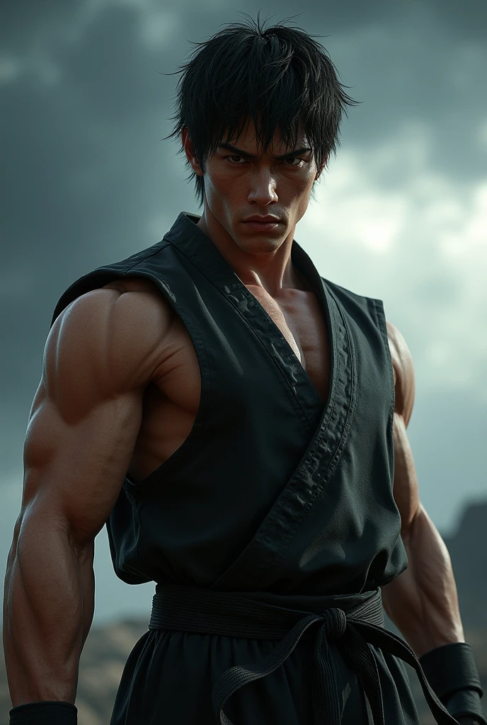 Ohma Tokita in a combat pose, Capturing the intense and detailed features of the Kengan Ashura anime. Highlight his defined muscles and fierce gaze, ready to fight. His posture should convey power and determination, with black hair flowing as he prepares to strike. The background can be a dark fighting arena, with deep shadows and bright lights that accentuate the details of his body and expression. Use strong and contrasting colors to enhance the atmosphere of tension and strength that characterizes Ohma