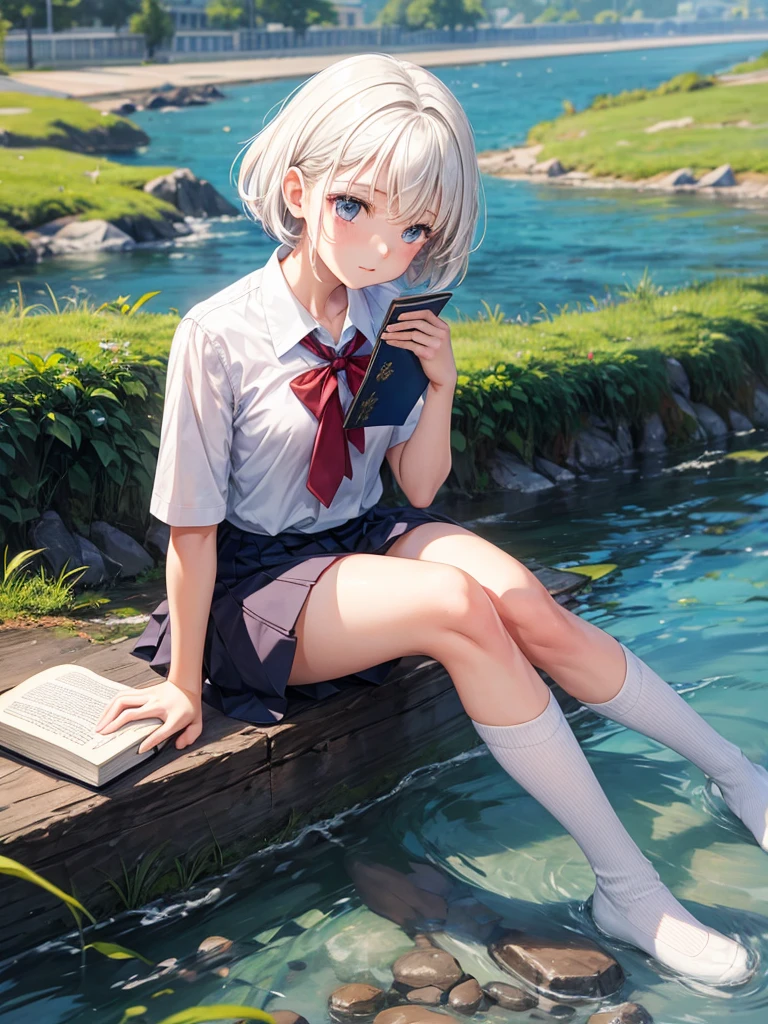 ((Superbly detailed drawing, ultra detailed, exquisite quality, absolutely resolution)), (((A girl wearing a gingham checked sailor dress))), (((sitting knees up, straddling, in the river:1.5))), panty shot, Wet clothes, Focus on the knee, in the forest, Summer brook, (light leaks:1.3), (blurry background, depth of field, particle effect, caustics:1.5), (photorealistic, isometric 3D, ray tracing, Octane Render),