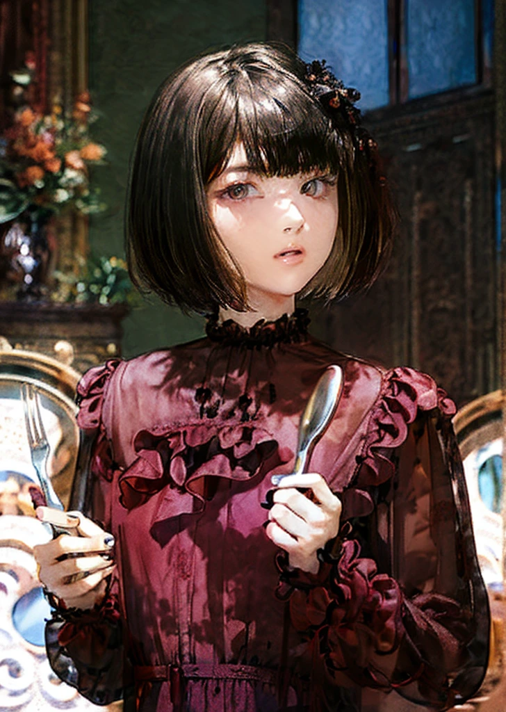 (masterpiece,best quality, looking at viewer),1woman,20 years old,Alone,(Black Hair,short hair,Bobcut,blunt bangs),eye shadow,(Slim Body),Small breasts,Russet frill shirt,Black Ribbon,Holding a spoon and fork,see-through