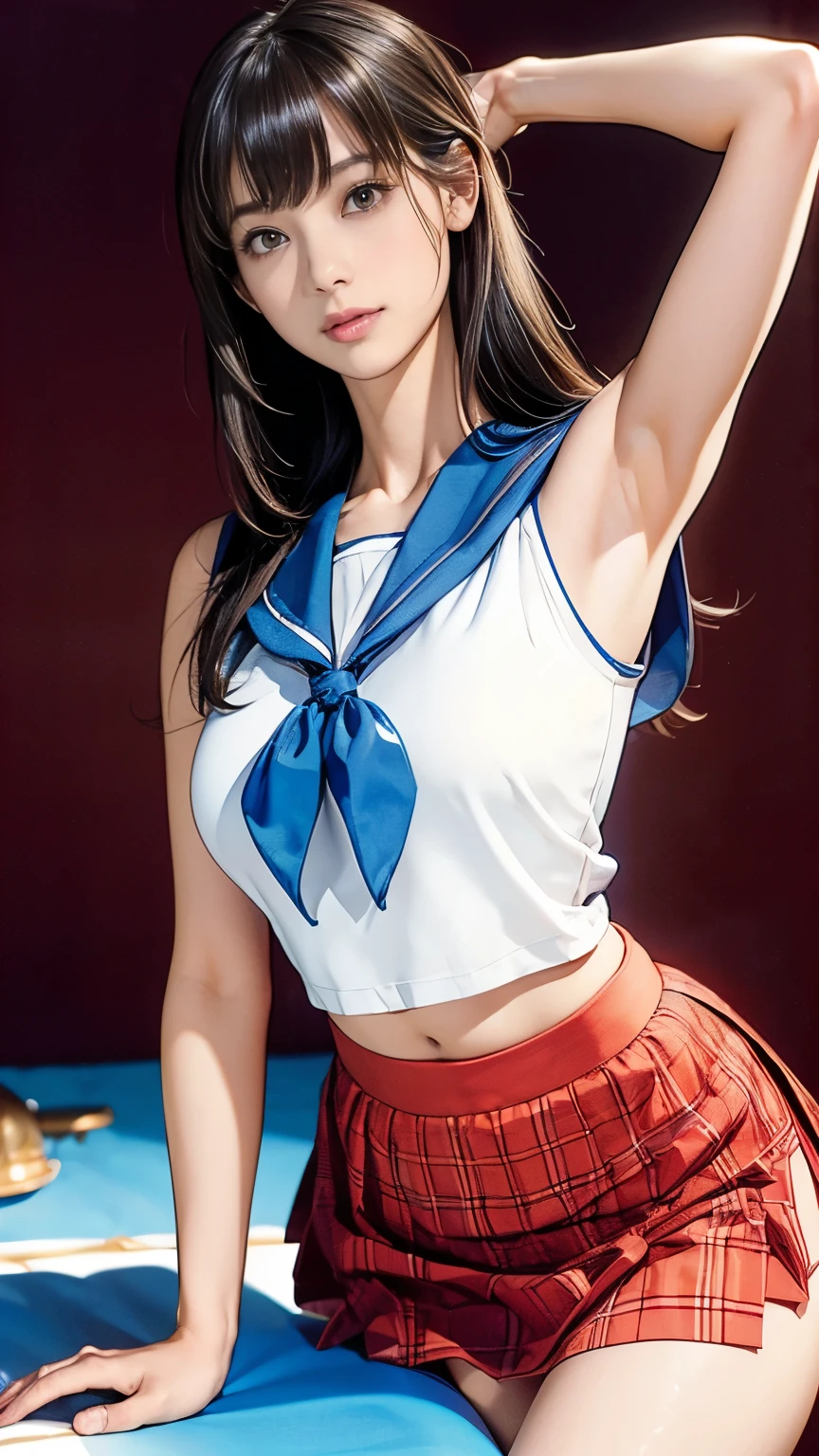 ((Pose by raising your hands to show your armpits、Armpit、We show the armpits in detail、red lipsticks、Wet shiny armpits、Shiny shiny armpits with oil in the armpits、Realistic and detailed armpits、Armpits glistening with sweat、Ultra-realistic armpit wrinkles、Japanese high school girl、Sleeveless Japan schoolgirl uniform))、Sleeveless High School Girl、Detailed armpit wrinkles、realistic armpit、Bright red lipstick、Photograph the whole body、Full-body figure、Show the armpits、Glossy armpits、Sleeveless sailor suit with visible armpits、red lipsticks、ssmile、high-ponytail Hairstyle)), ((Summer clothes for schoolgirls、Showing off armpits in white sleeveless uniform、独奏、A smile)) 、(photos realistic、Show underarms、Armpits shine), (hight resolution), (8K), (ighly detailed), (Best Live Action), (beatiful detailed eyes), (top-quality), (ultra-detailliert), (masterpiece), (wall-paper), (详细的脸), drooing eyes,perspiring,Your body is shiny with sweat、Armpit,inner colored,独奏,Japanese high school girl、Sleeveless clothing、Sleeveless、Armpit、Red mouth、Raise your hand to show your armpits、Armpit、 (photos realistic), (hight resolution), (8K), (ighly detailed), (Best Live Action), (beatiful detailed eyes), (top-quality), (ultra-detailliert), (masterpiece), (wall-paper), (详细的脸), drooing eyes、Armpit,High Ponytail、inner colored,独奏, Japanese high school girl、((Sailor Suit Sleeveless Uniform:1.4))、 (top-quality、8K、masterpiece:1.3)、Raw photography、realisitic、Photorealsitic、Beautiful legs、acurate、Anatomically correct body