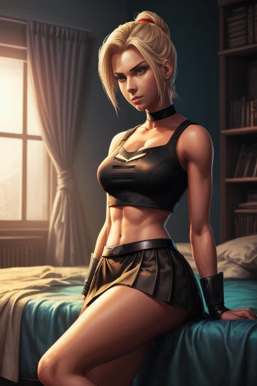 a woman in a black top and blue skirt sitting on a bed, android 18, power girl, comic digital art, looking like annie leonhart, beautiful comic art, annie leonhart, inspired by Rob Liefeld, cutesexyrobutts, she is ready to fight, high quality colored sketch, 8k comic art, glamorous jill valentine, epic comic book style