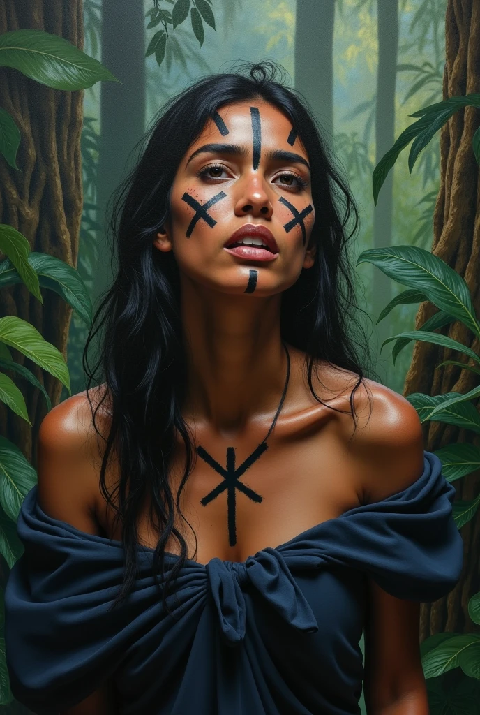 A naked woman in the forest with wolf cum in her mouth 
