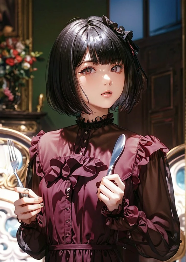 (masterpiece,best quality, looking at viewer),1woman,20 years old,Alone,(Black Hair,short hair,Bobcut,blunt bangs),eye shadow,(Slim Body),Small breasts,Russet frill shirt,Black Ribbon,Holding a spoon and fork,see-through