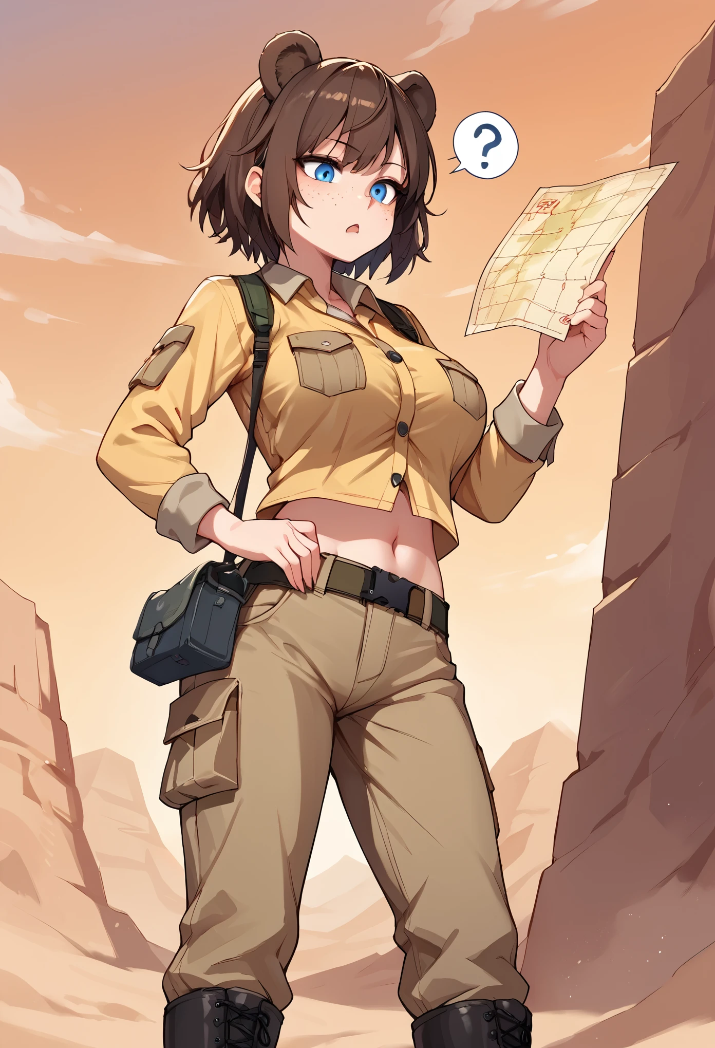 score_9_up, score_8_up, score_7_up, 1girl, solo, source_anime, hourglass figure, Big breasts, kemonomimi, bear ears, brown hair, short hair, messy_hair, blue eyes BREAK freckles, safari jacket, yellow jacket, navel, cargo pants, brown pants, black boots, standing, outdoors, desert, sands, sunset sky, orange sky, holding object, holding map, looking down, bored face, open mouth, question mark, ?