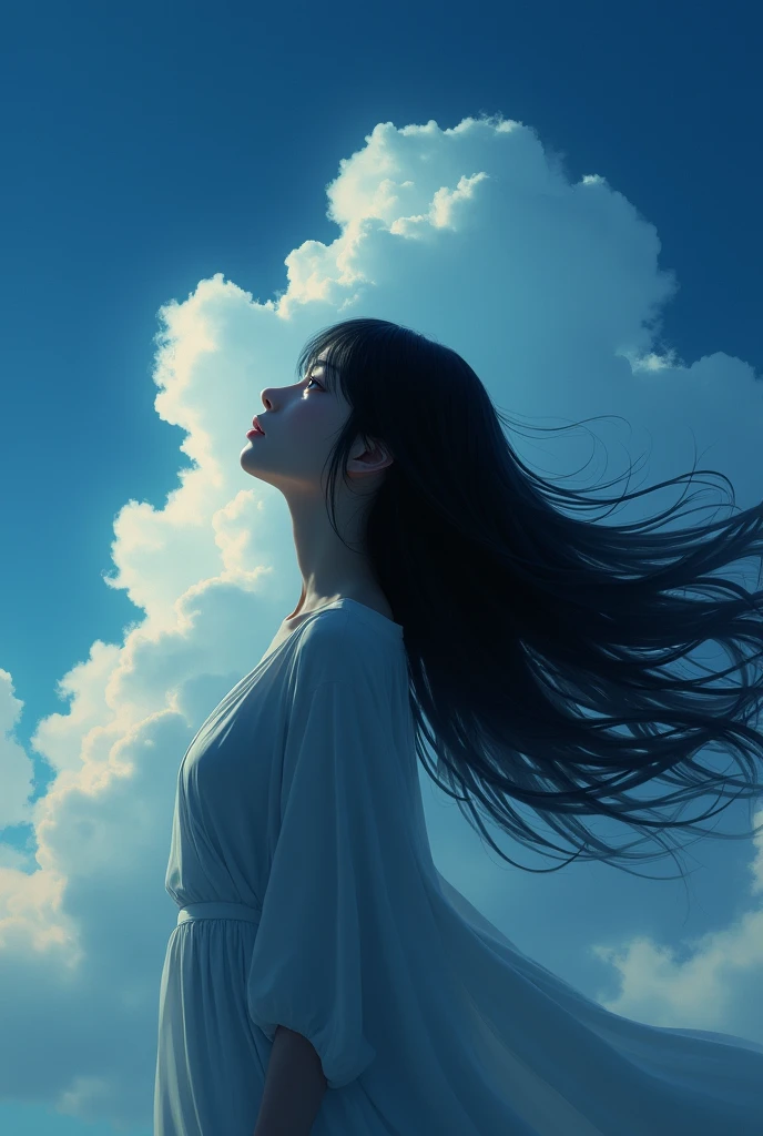 Blue sea, blue sky, white cumulonimbus, contrails, shining sun, white waves swaying in the wind, photo quality, live action, reality, transparency, realistic depiction, 8K quality, UHD, DSLR, high quality, film grain, fujifilm XT3, girl in white camisole dress, standing figure, barefoot, hair swaying in the wind, hair up to shoulders, big, big eyes,