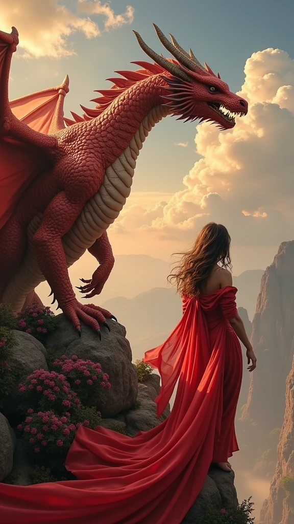 a woman standing next to a very big red head dragon with long soft hair, on a rocky hillside with a sky background and clouds in the background, Anne Stokes, fantasy art, dragon art, a poster, bluring, very detailed, UHD.