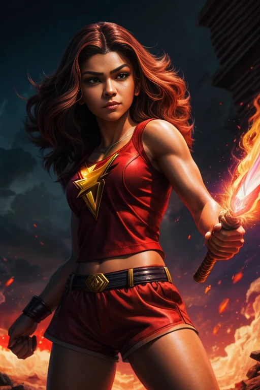 a woman in a red shirt and purple shorts holding a sword, portrait of modern darna, epic comic book style, saiyan girl, maya ali as a lightning mage, comic book character, she has fire powers, fanart, super-hero girl, comic digital art, 90s comic book character design, annabeth chase, comic character, zendaya as she-hulk