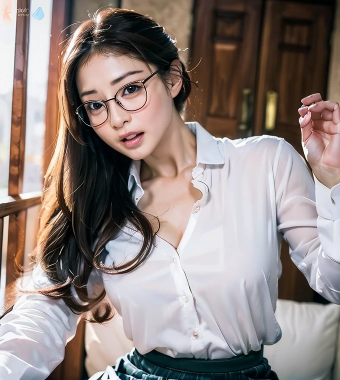 works as a manager in the dark, in the dim office, ((standing and showing off pubic hair)), wide spread legs, blouse, id card, squatting, hair up, glasses, floor, ceiling,