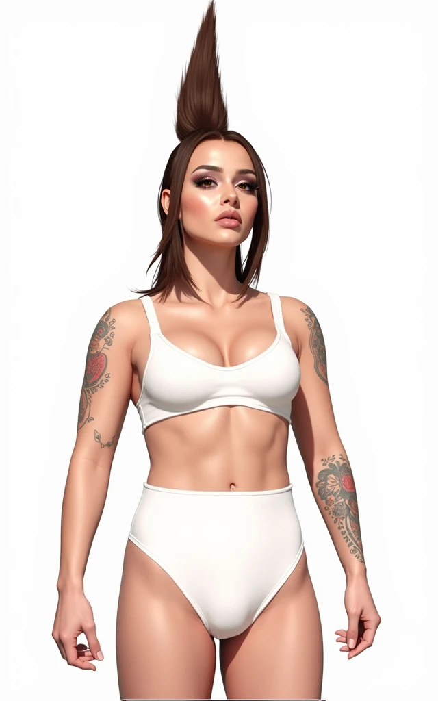 ((masterpiece, best quality)), (Punk Caucasian female wrestler in white bra and white cotton panties), short combed back hair, in a changing room, heavily tattooed, ear gouging, heavy makeup, black lipstick photo realistic, intricate details