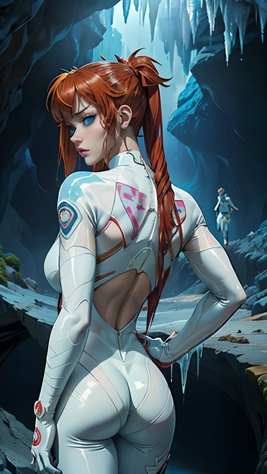 (rear view, backside view),,((The best quality, better resolution, award-winning portrait, official art)), ((perfect masterpiece)), ((realistic)) and ultra detailed photography of a cyberpunk nerd girl souryuu asuka langley with gothic and post apocalyptic colors.. She has ((cabello largo white )), carry a (Harajuku inspired cyberpunk tech top) and a (Harajuku inspired cyberpunk tech clothing, white lower part :1.2) , ((the most beautiful and sexy)), sexy, Super huge tits enormously giant, Scottish display, hot,(Souryuu Asuka Langley White Latex Suit :1.4),(Beautiful blue eyes:1.4) , detailed hands,, (cave background cavern ice frozen :1.4)