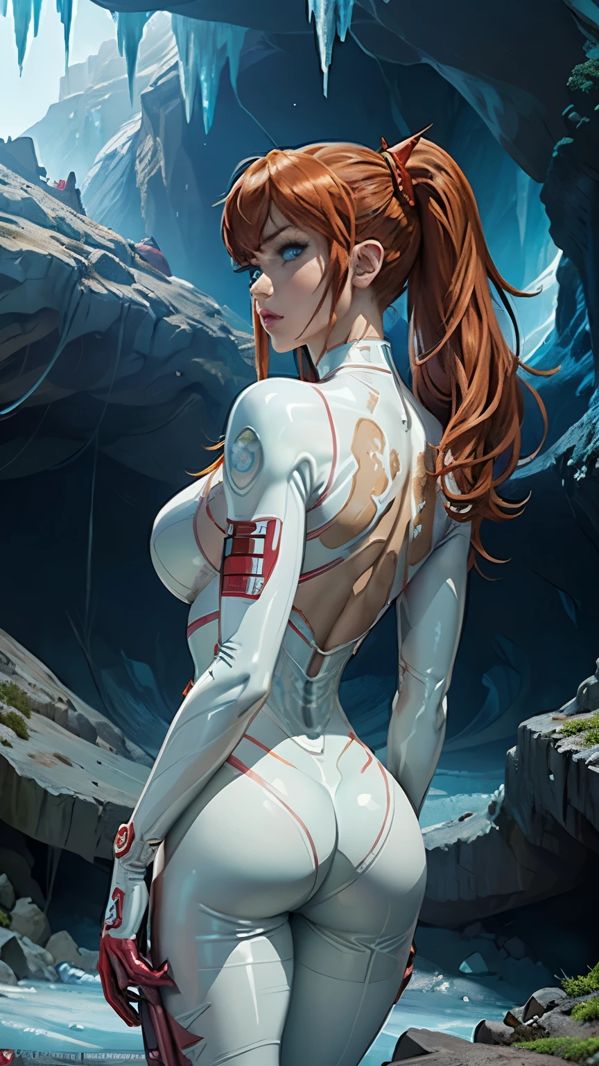 (rear view, backside view),,((The best quality, better resolution, award-winning portrait, official art)), ((perfect masterpiece)), ((realistic)) and ultra detailed photography of a cyberpunk nerd girl souryuu asuka langley with gothic and post apocalyptic colors.. She has ((cabello largo white )), carry a (Harajuku inspired cyberpunk tech top) and a (Harajuku inspired cyberpunk tech clothing, white lower part :1.2) , ((the most beautiful and sexy)), sexy, Super huge tits enormously giant, Scottish display, hot,(Souryuu Asuka Langley White Latex Suit :1.4),(Beautiful blue eyes:1.4) , detailed hands,, (cave background cavern ice frozen :1.4)