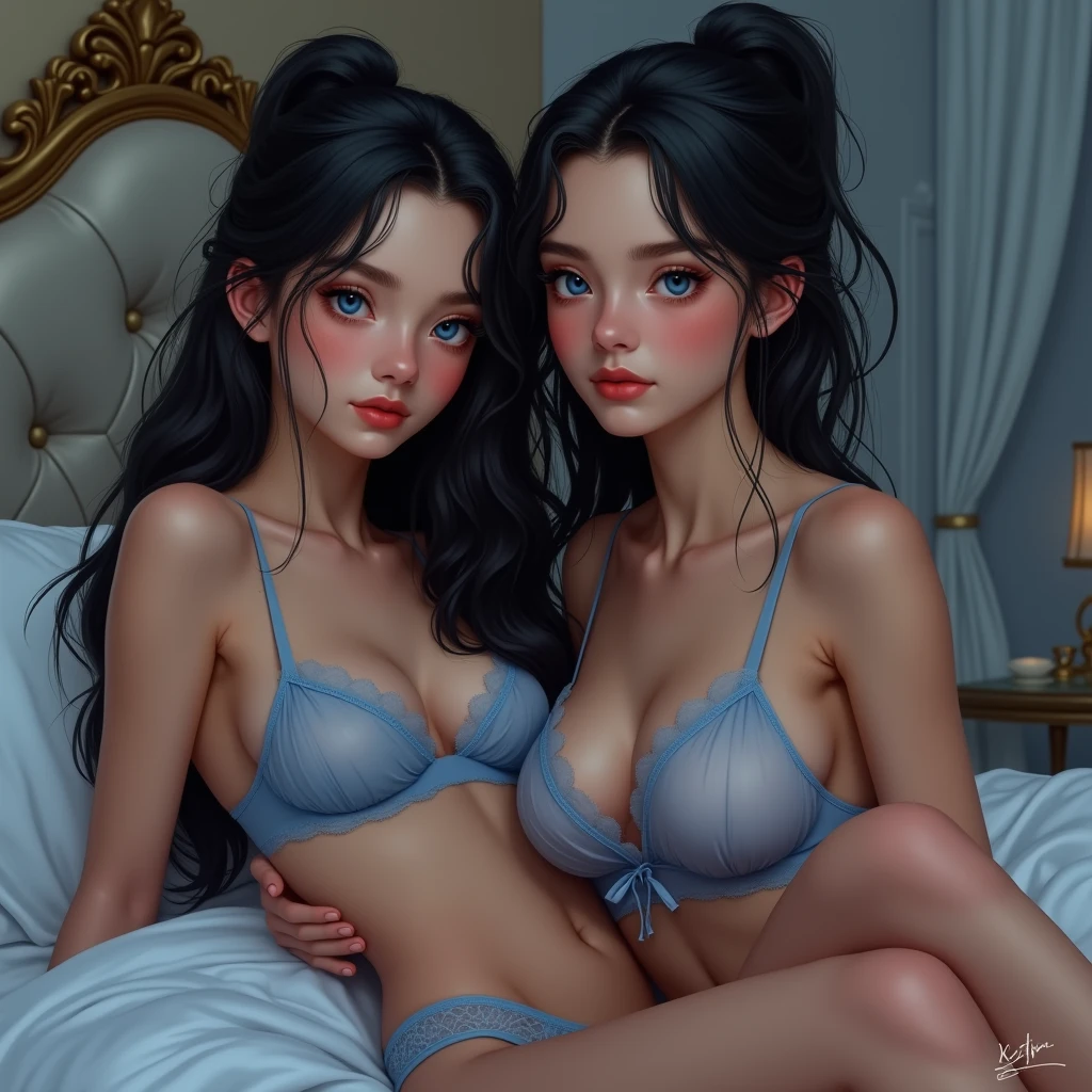 A realistic rendering of a David Wright style illustration of a very close shot, ultra close shot on the breasts  of two   pert, nubile, thin, freckled     girls with 50s style, very short blue hair, bows in hair, topless, best quality, tiny breasts, bare breasts, small breasts, bare crotch, exposed crotch, pink nipples , puffy nipples , exposed nipples , wearing  pink bondage straps, black, spiked  choker necklace,  a silver chain wrapped around body, open, white blouse, white lace collar, black lace, pastel lace straps under nipples, pastel lace straps under breasts,  open light blue, fuzzy sweater, undressing,     uniform, partially clothed, reclining on a bed  in a pink, 1950s, teenl's bedroom, ultra close shot on breasts 