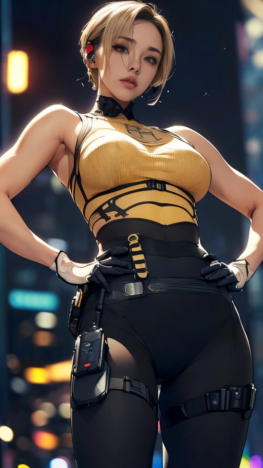 (A woman),(((Future female police officer standing))),((Black Tactical Tights:1.5)),((Camel toe:1.5)),((earphone:1.5)),((Tactical Holster:1.5)),(Gloves:1.5),(((Hands on hips:1.5))),(front:1.5),(From below:1.2),(Super short hair:1.5),(Blonde:1.5),(beautiful eyes:1.3),(Very detailedな顔:1.5),((Very detailedな女性の手の描画:1.5)),((muscular:1.5)),(Sexy look:1.5),((Thick thighs:1.5)),(Beautiful Body:1.5),((Very sensual:1.5)),(The backdrop is a futuristic city:1.5),(Cyberpunk atmosphere:1.5),(((Blurred background:1.5))),(Written border depth:1.5),rest(((masterpiece:1.5),(best quality:1.5),(Very detailed:1.5),(high resolution:1.5),(Practical:1.5),(Practical:1.5),(Delicate depiction),(carefully drawn))),8K,wallpaper