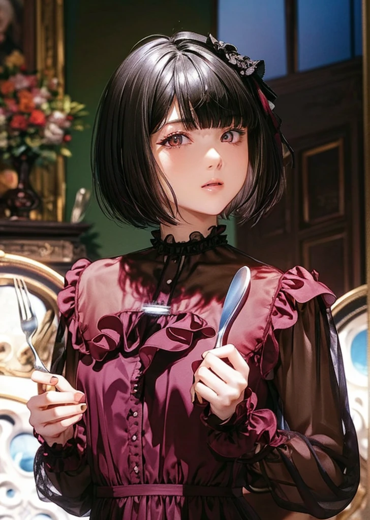 (masterpiece,best quality, looking at viewer),1woman,20 years old,Alone,(Black Hair,short hair,Bobcut,blunt bangs),eye shadow,(Slim Body),Small breasts,Russet frill shirt,Black Ribbon,Holding a spoon and fork,see-through