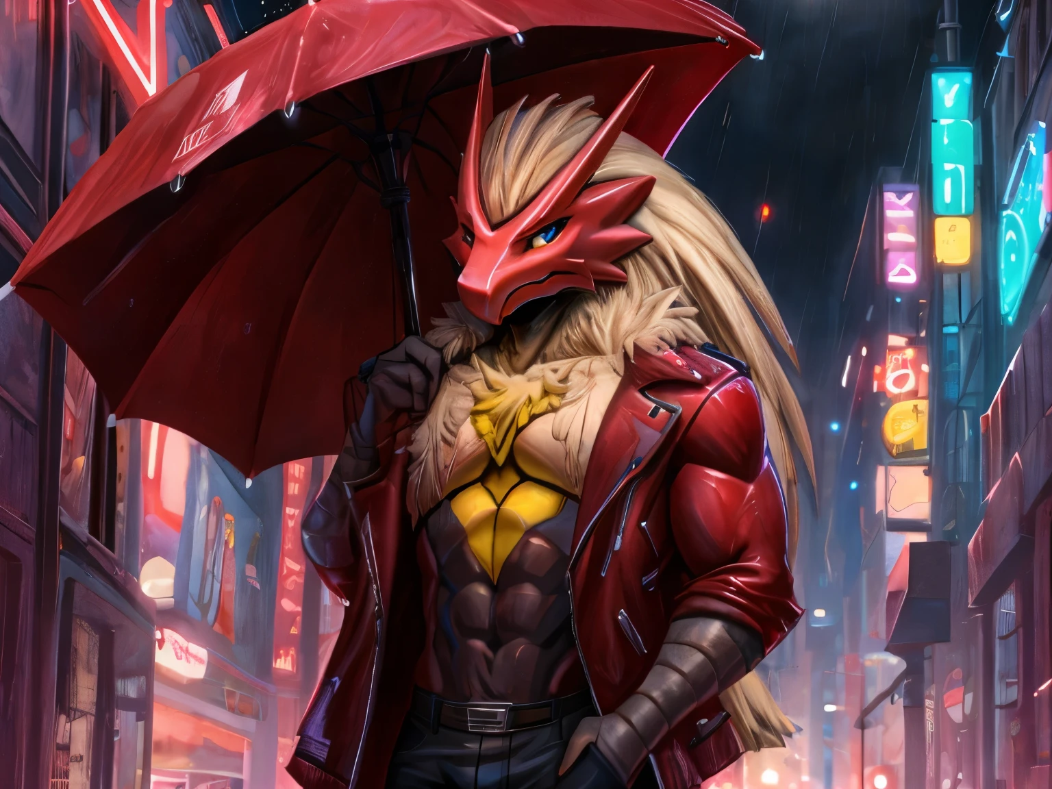 ((high quality)), A muscular Blaziken wearing rebellious clothes walks through a large neon city on a rainy night, holding an umbrella and looking at the viewer.