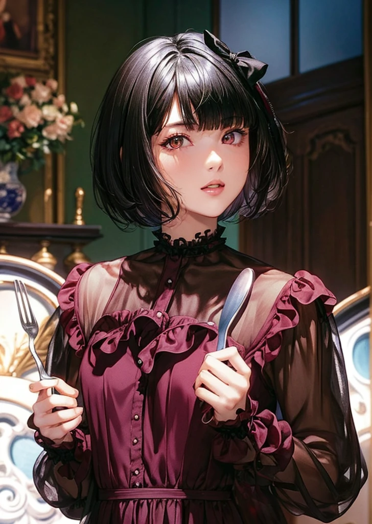 (masterpiece,best quality, looking at viewer),1woman,20 years old,Alone,(Black Hair,short hair,Bobcut,blunt bangs),eye shadow,(Slim Body),Small breasts,Russet frill shirt,Black Ribbon,Holding a spoon and fork,see-through