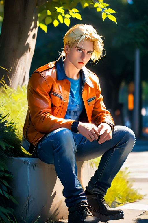 1 college man; age 28; attractive; masculine adult; toned and muscular, athletic; blonde hair in a crew-cut; expressive blue eyes with black pupils; square-faced; fair skin; smug; rugged good looks; strong square wide jaw; broad-chin; wearing a tie-dyed t-shirt, orange leather jacket and undamaged blue jeans; trending on artstation; masterpiece; complex volumetric lighting; strong shadows; artistic lighting; dynamic; energetic vibe; realistic skin; specular highlights; micro-textures; highly detailed hair; physically active; sitting under a tree with a textbook; very masculine; body hair;