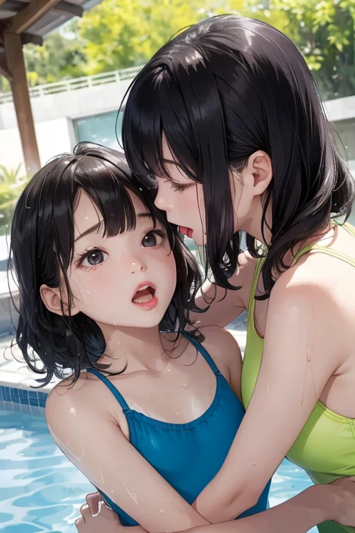 (Absurd:1.5), (Highest quality), (Super detailed), (The private parts are visible),(Lesbian play:2),((Completely naked)),whole body,kiss,Touching the chest, -yeld giEcstatic expression,Beach, Russians and Japan,(Small breasts:2), ponytail,Twin tails、Ultra-slim legs、Wearing thin-framed glasses、Silver Hair、Black Hair、Firm Skin、Healthy Body、Amazingly cute