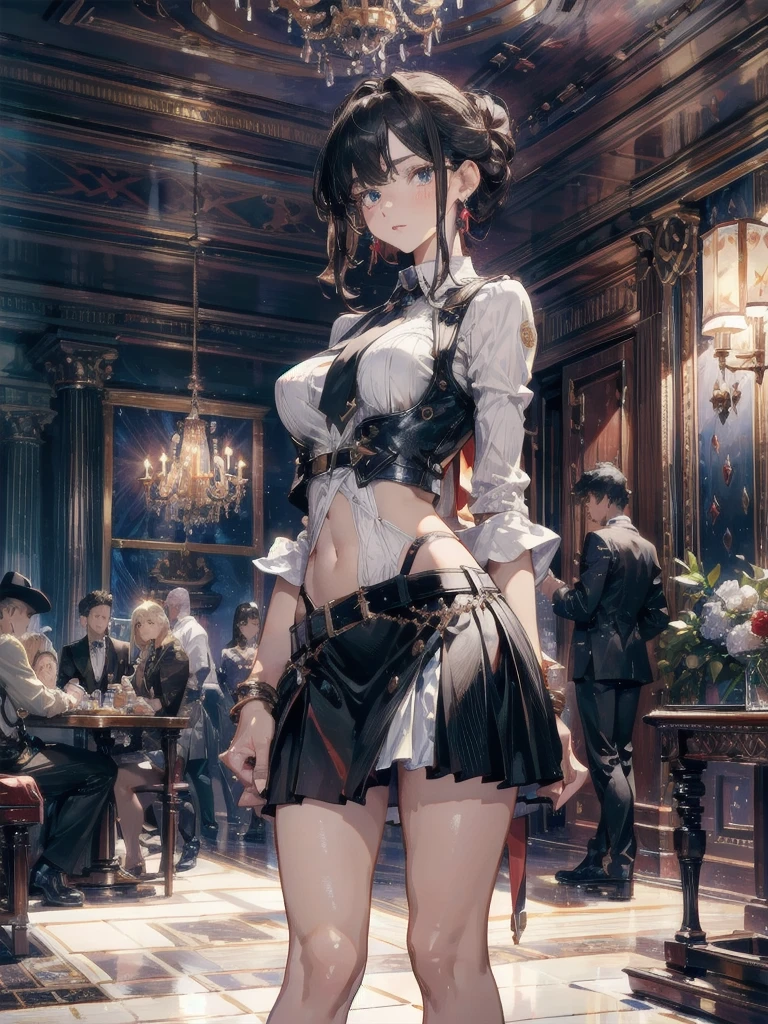 Masterpiece, Beautiful art, professional artist, 8k, Very detailed face, Detailed clothing, detailed fabric, 2 girls, Soul Fullness \(Honkai Impact 3rd\), front view, standing, perfectly drawn body, shy expression, pale skin, beautiful face, short dark blue hair, 4k eyes, very detailed eyes, pink cheeks, choker:1.6, (white long sleeve button down shirt with white collar), black gloves, gloves that cover hands, (black leather corset), (shiny black tight mini skirt), Sensual Lips , winter night, show details in the eyes, looking at the viewer, elegant city, at night