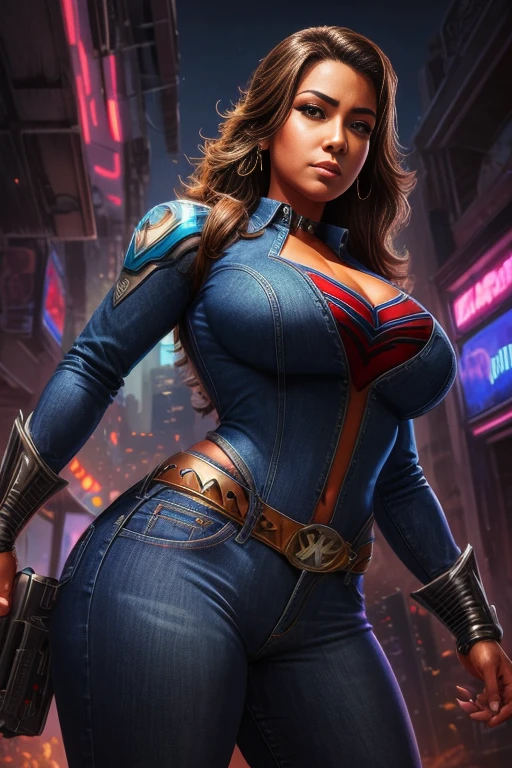 a cartoon picture of a woman in a blue jean suit, cutesexyrobutts, by Arturo Rivera, style ivan talavera and artgerm, by Randy Vargas, inspired by Rodel Gonzalez, by Rodel Gonzalez, americanoize, cyberpunk judy alvarez, puerto rican super hero, america, thicc, inspired by Greg Hildebrandt