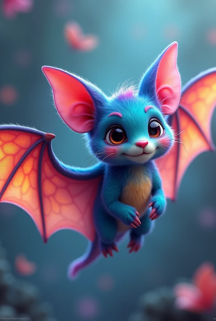 a mysterious rainbow-colored bat, sea art text on bat body, cute face, flapping wings, children will love, 3D animation, soft colorful colors, highly detailed, 8k, photorealistic, volumetric lighting, dynamic composition, vibrant palette, digital art