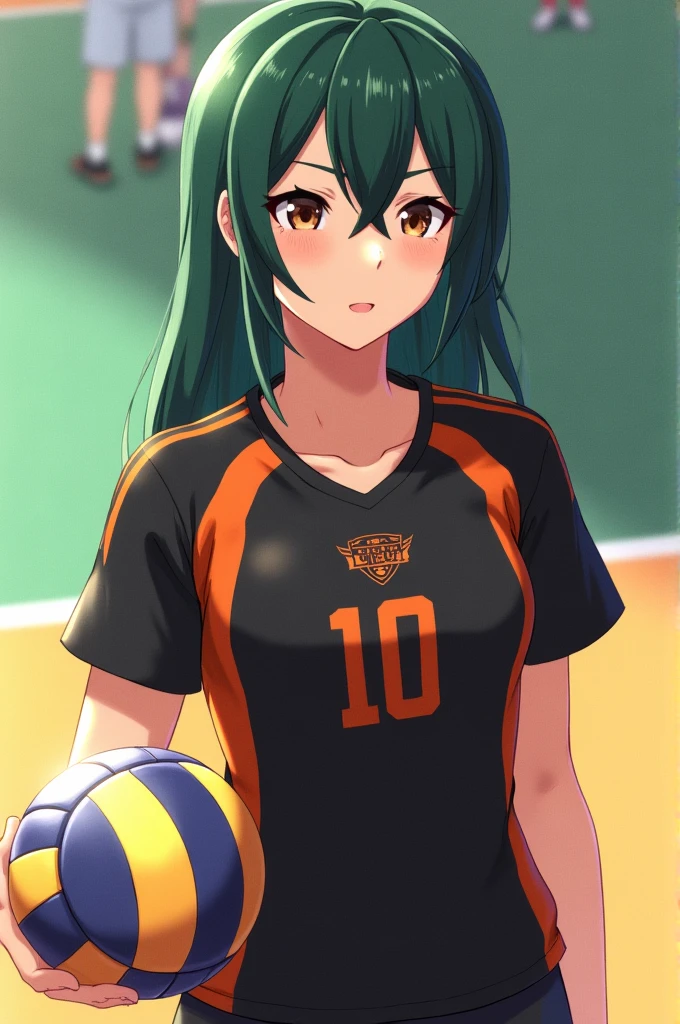 Girl with short green hair, Small size breasts,、Green Eyes, 、,Full body photo from head to toe、Volleyball Player、Volleyball Uniforms、、Uplifting、、、Hit the serve