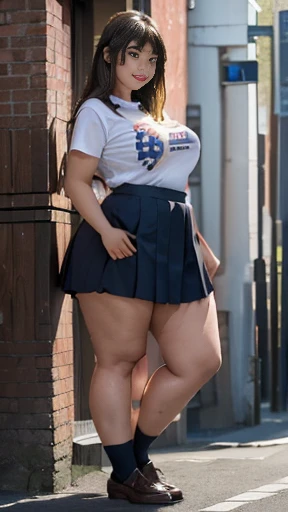 (Japanese, fat girl, young, Morbidly obese, very huge breasts), (dark blue, school uniform, very very short skirt, roll up the skirt), (Full body display down to the toes) , (completely transparent , T shirt, white, cute animals printed) , (standing, Open legs, open street), (160cm, 120kg), (smiling, small lips, cute face, bigger eyes ), (Gal Makeup, Deeply brown tanned skin, Dyed golden hair, Black Gal), (beautiful detail), (school shoes, Loafer) , ( Very profuse sweating), Erotic, (thick thighs、thick legs、thick below the knees、thick ankles), (Angle diagonally behind the back, from below.) turn around, no brassiere