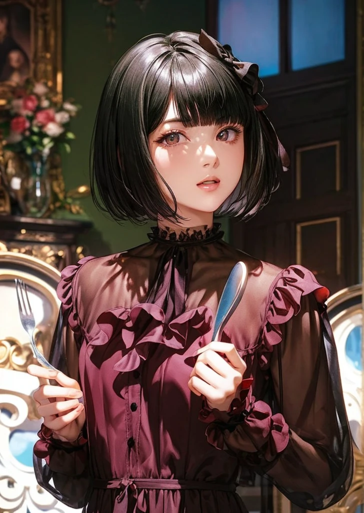 (masterpiece,best quality, looking at viewer),1woman,20 years old,Alone,(Black Hair,short hair,Bobcut,blunt bangs),eye shadow,(Slim Body),Small breasts,Russet frill shirt,Black Ribbon,Holding a spoon and fork,see-through