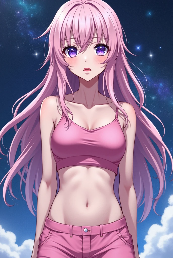 ((female)), (very messy hair), plaits, (sorriso feliz), Presas, ((abdominais rasgados)), Toned arms and legs, medium breasts, suor excessivo, (On the moon with starry sky and showing planet earth), olhos azuis brilhantes, ((cabelo rosa)), barefoot, ((Standing)), (((De frente para mim em pose sensual))), ((usando apenas um fio dental)),