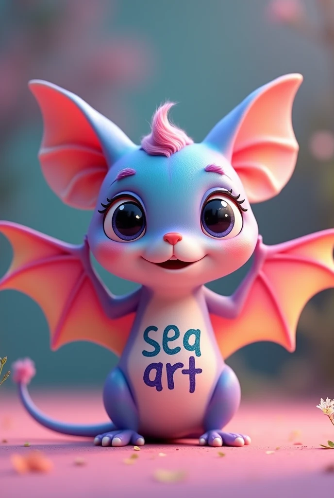 a mysterious rainbow-colored bat, sea art text on bat body, cute face, flapping wings, children will love, 3D animation, soft colorful colors, highly detailed, 8k, photorealistic, volumetric lighting, dynamic composition, vibrant palette, digital art