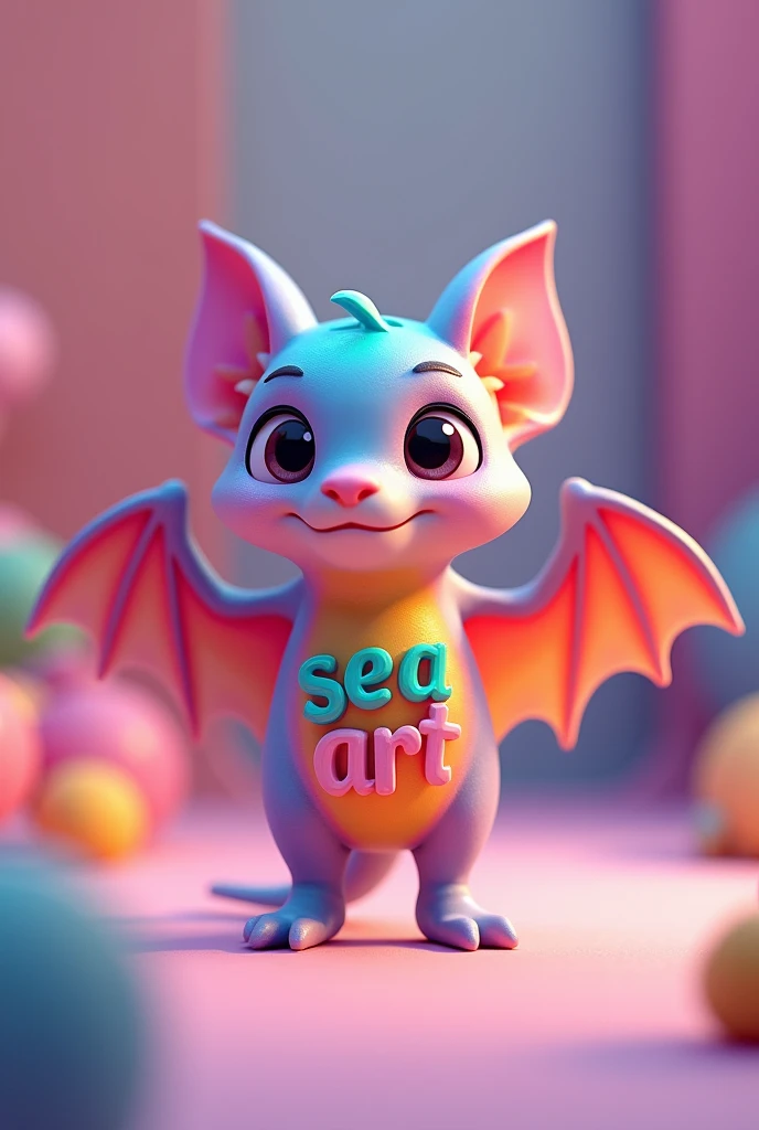 a mysterious rainbow-colored bat, sea art text on bat body, cute face, flapping wings, children will love, 3D animation, soft colorful colors, highly detailed, 8k, photorealistic, volumetric lighting, dynamic composition, vibrant palette, digital art