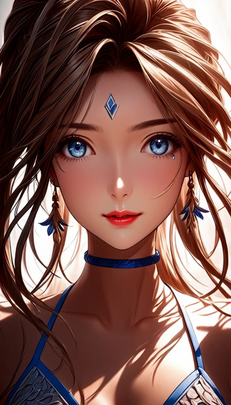 a beautiful young woman in a bikini, solo, detailed eyes, backlighting, ARW, intricate details, vivid colors, cinematic lighting, soft focus, elegant pose, serene expression, dramatic shadows, volumetric lighting, BREAK, Lovebell-SDXL, Belldandy, long ponytail, blue eyes, brown hair, choker, fingerless gloves, bracelet, earring, wedding-ring, BREAK, beautiful detailed eyes, beautiful detailed lips, extremely detailed face, elegant expression, mystical atmosphere, (best quality, highres, masterpiece:1.2), ((ultra detailed)), (realistic), portrait, dramatic lighting, sharp focus, HDR, score_9, score_8_up, score_7_up, 