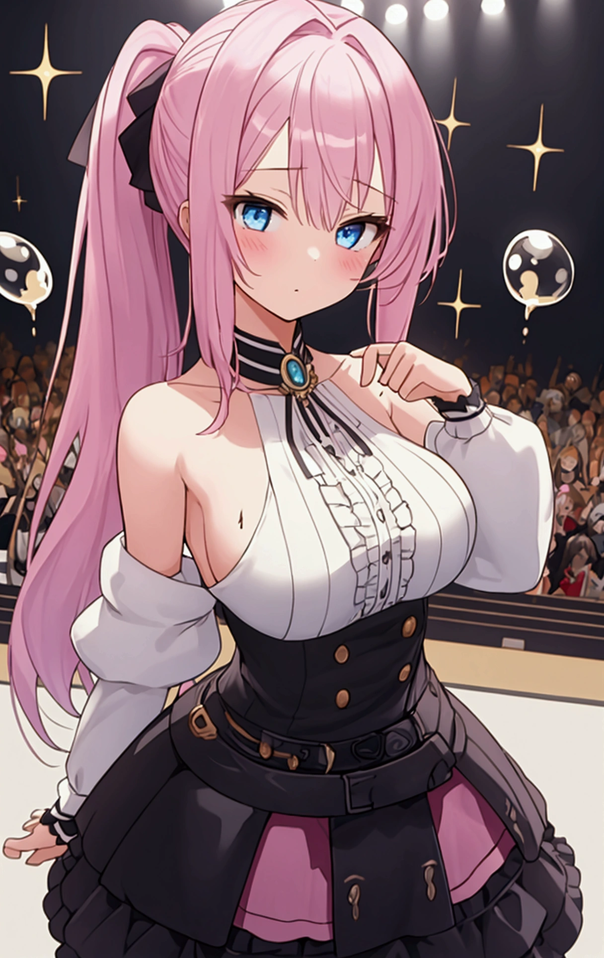 (masterpiece), (Best Quality), (Very detailed), (Dirty Hair), (figure), (1 girl) (Long Pink Hair 1.5) (blue eyes) (Double Ponytail 2.0), ((((No shoulders))), Big Breasts, Mini Dress, (Looking at the audience, (Interview), (Simple Background), Beautiful and delicate eyes, Delicate and beautiful face, Soar (High chroma), (Colorful Sparkling), Colorful bubbles, (Sparkling), Facial accents, Perfect NwsjMajic, Conservative dress, Shoulderless, Autumn Clothes, Facing the Public, Perfect Girl, whole body, フルボディ, POV